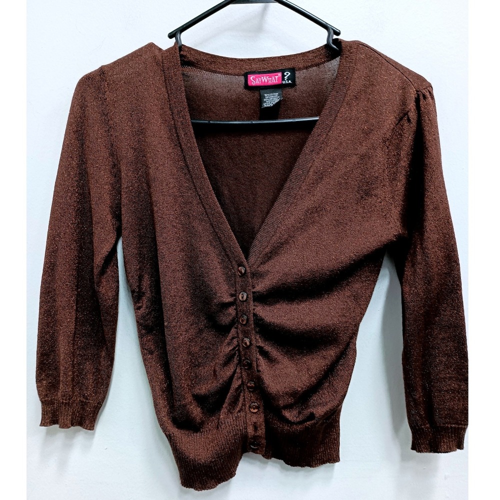 Say What? Y2K Vintage Crop Cardigan Womens Large Brown V-Neck Shimmer Button Up‎